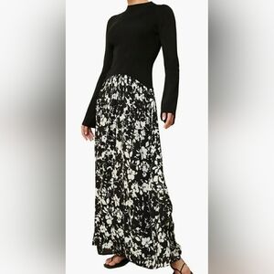 Soglio Floral Black and White Women's Long Sleeve Maxi Dress